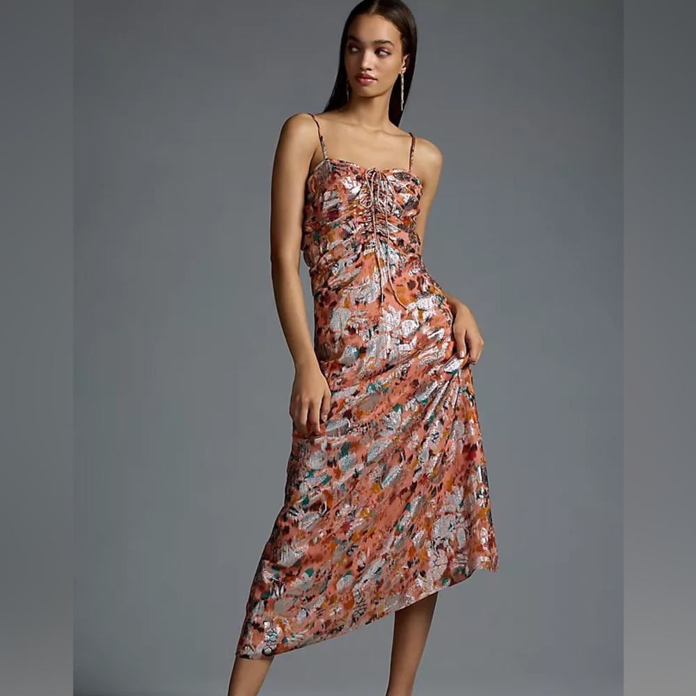 Anthropologie Orange Red Asymmetrical Ruched Cocktail Dress‎